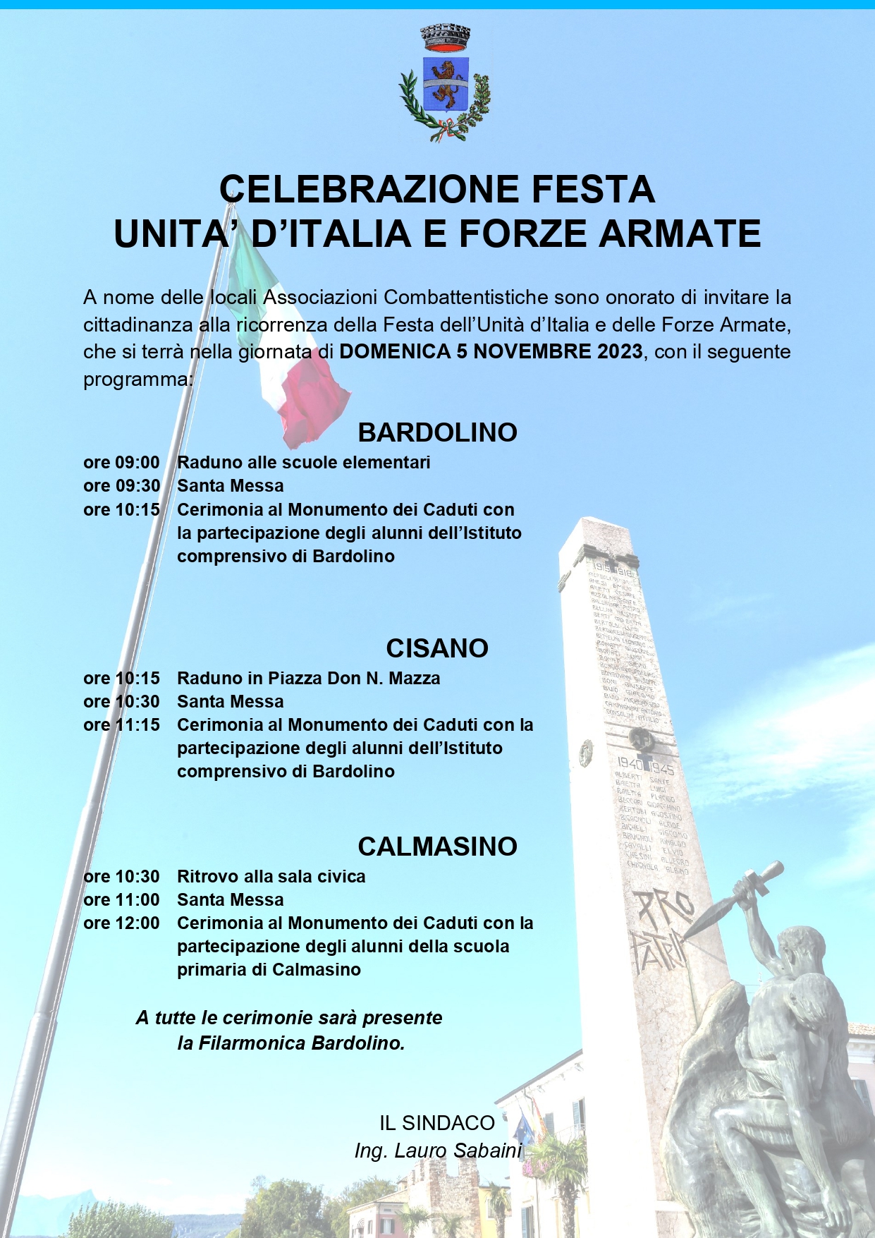 Celebrazione Festa Unità D'Italia e Forze Armate domenica 05/11/2023