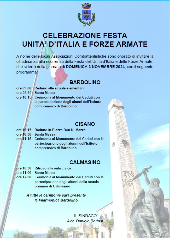 Domenica 3 Novembre 2024: celebrazione Festa Unità D'Italia e Forze Armate a Cisano, Calmasino e Bardolino